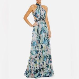 Mac duggal floral halter A-line w/ cutouts and embellished belt